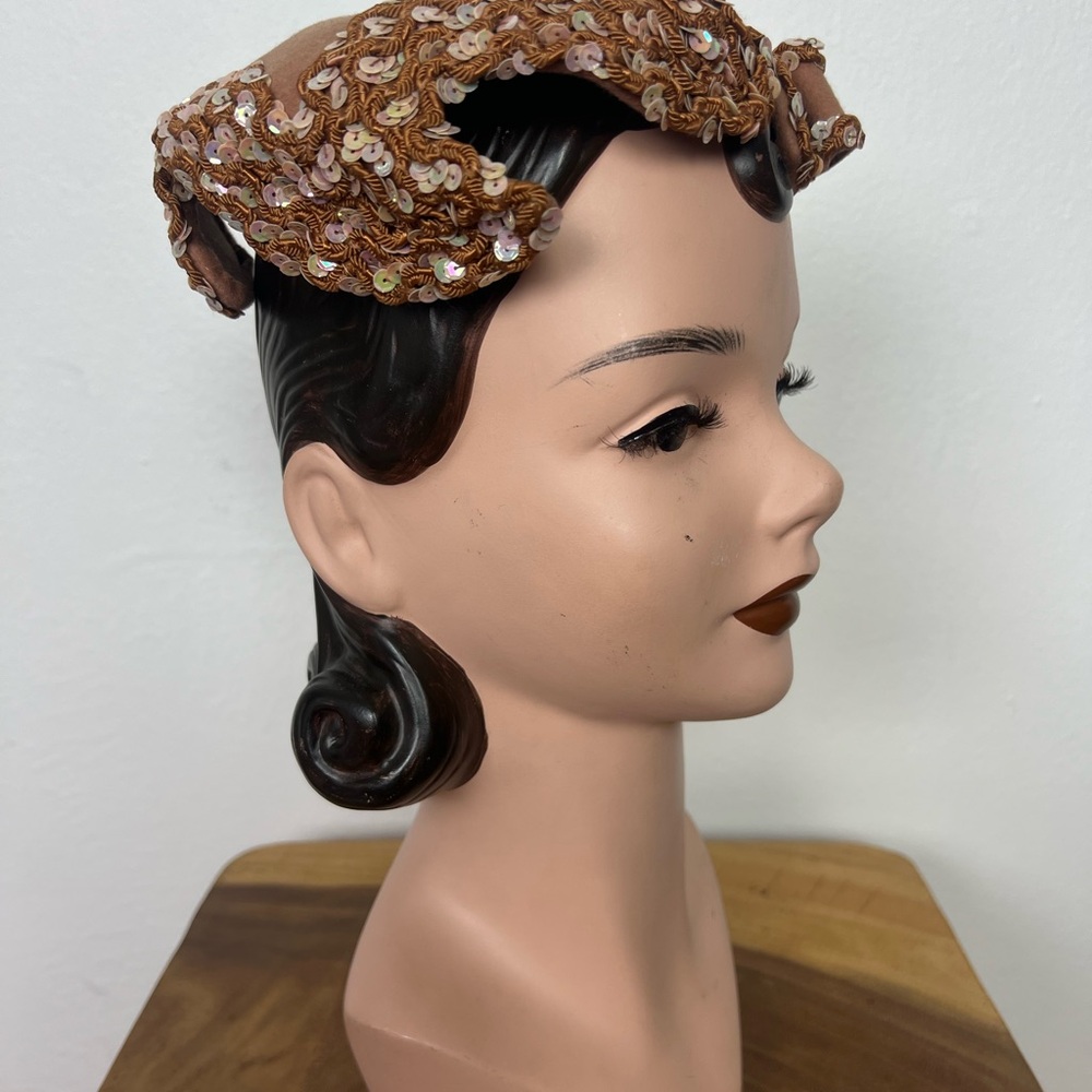 1950’s 50s Vintage Elegant Brown Wool Felt Sequin Sequined Soutache Women's Hat - Picture 12 of 16